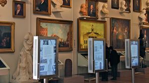 The New York Rising installation, with artifacts and interactive touch screens